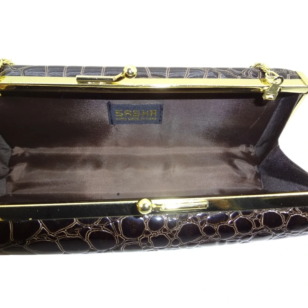 Sasha Black Faux Croc Patent Box Clutch‎ Gold Chain Evening Bag Handbag